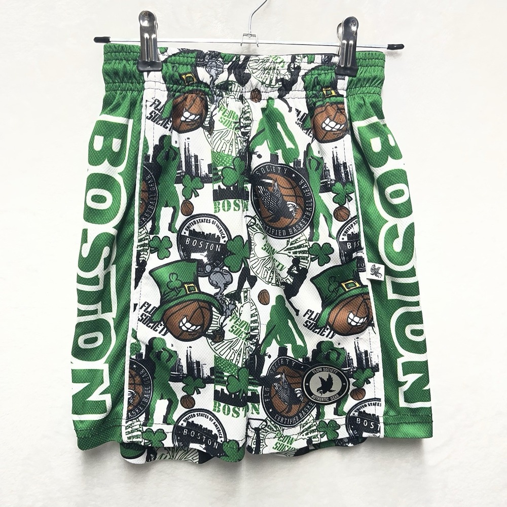 Flow Society Basketball Shorts Youth XS Boston Celtics Shamrock AOP Athletic